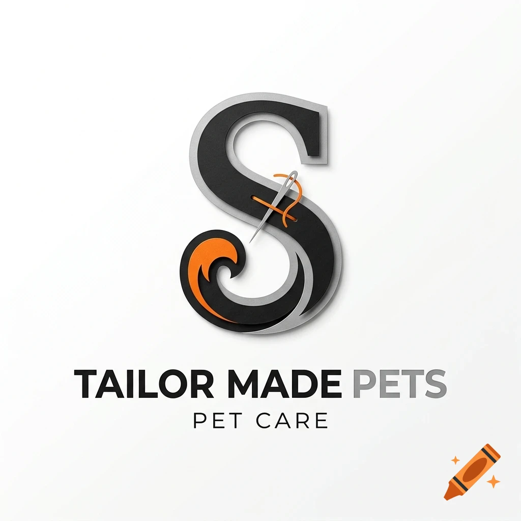 A logo featuring a stylized letter S with a sewing needle and thread, accompanied by the text TAILOR MADE PETS PET CARE.