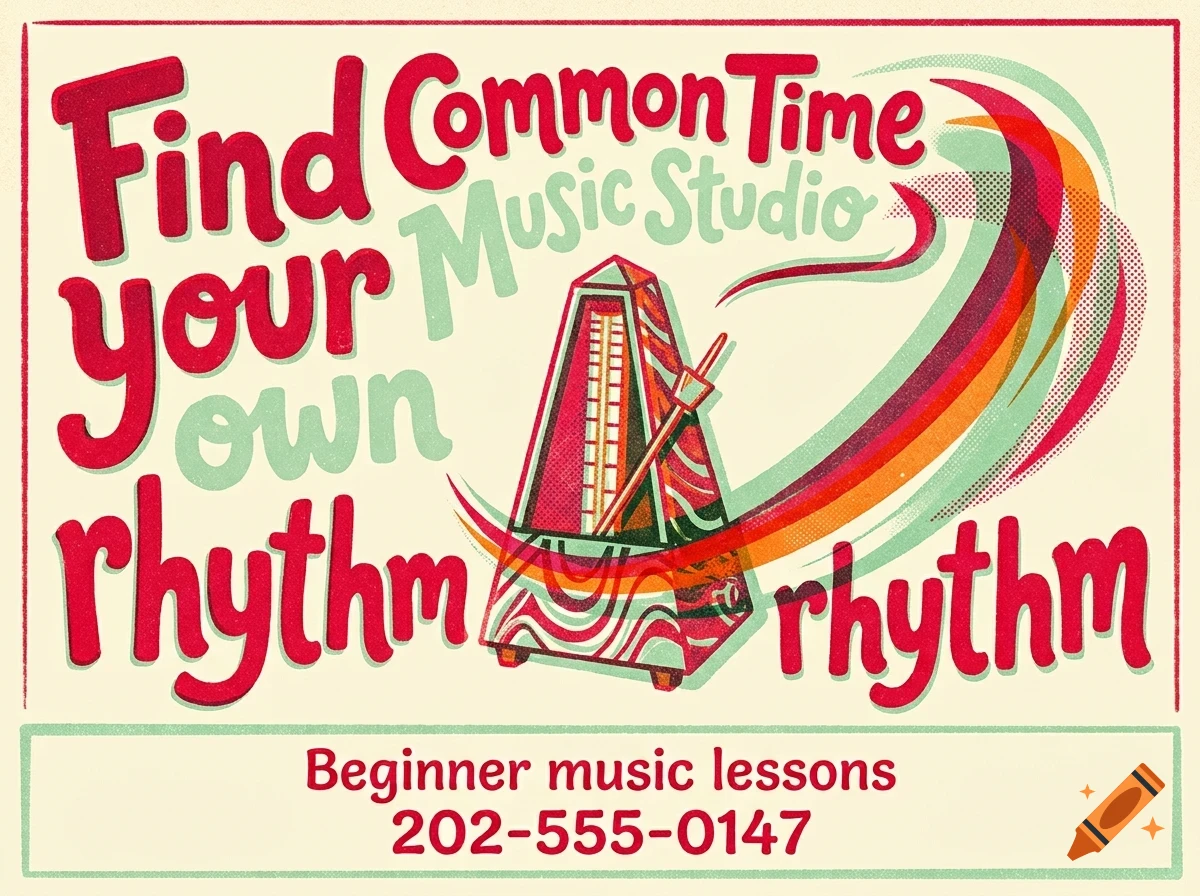An illustration of a metronome with colorful swooshes and the text Find your own rhythm, Common Time Music Studio.