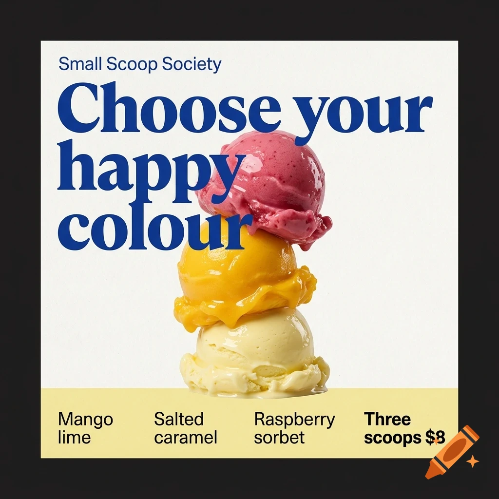 A poster with three stacked scoops of ice cream (pink, yellow, and cream) and text reading Choose your happy colour.