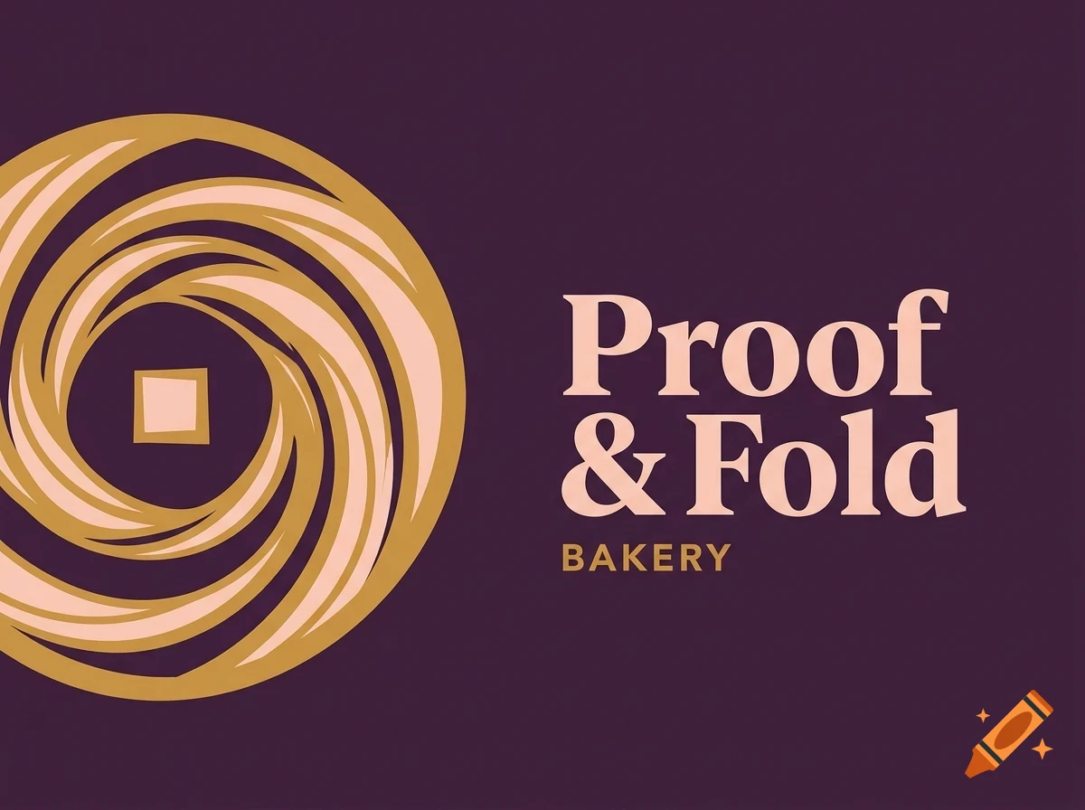 A logo for Proof & Fold Bakery featuring a gold and peach abstract swirl symbol next to the text on a dark purple background.