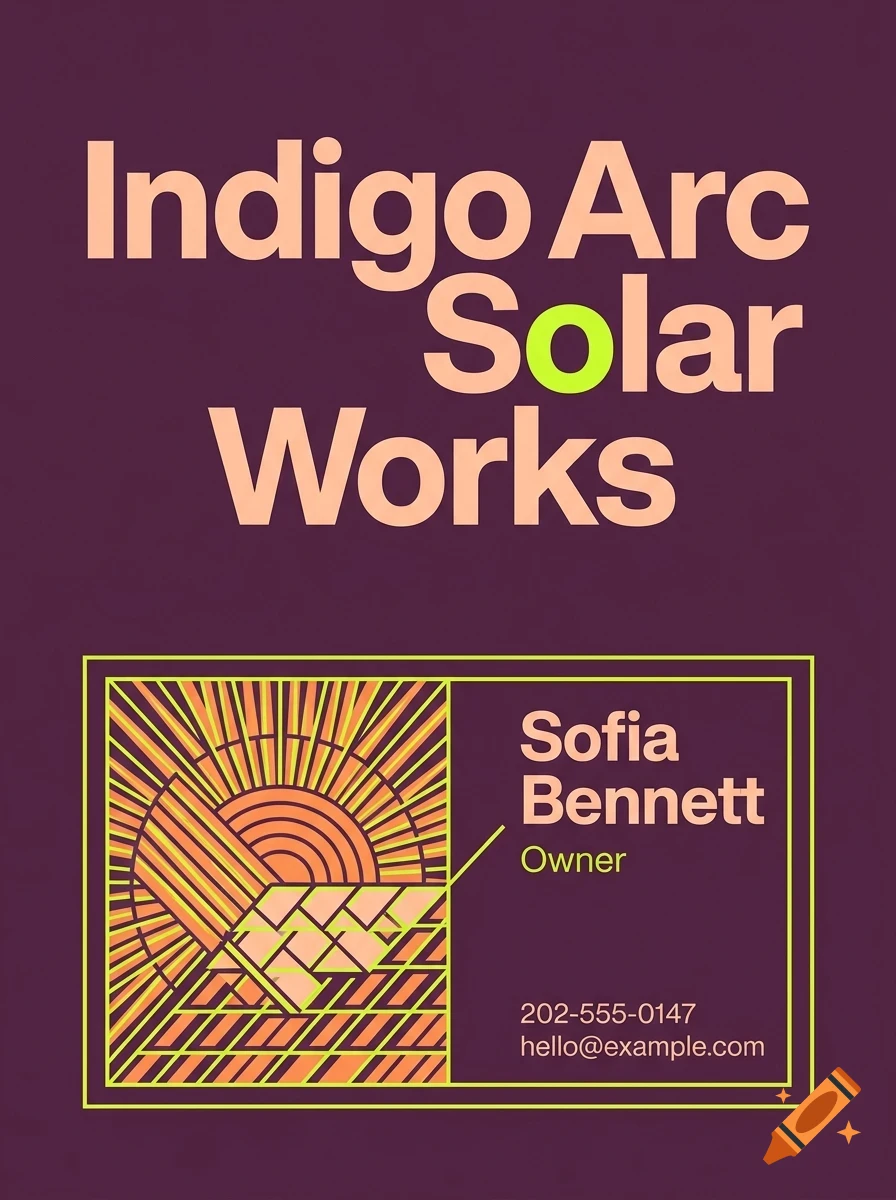 A business card with the text Indigo Arc Solar Works, Sofia Bennett Owner, and contact details, featuring a sun and solar panel graphic.