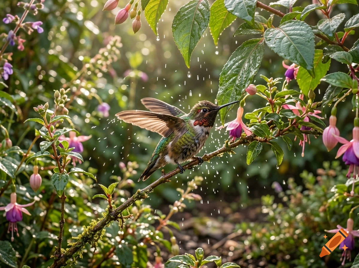 A hummingbird perched on a branch amid water droplets and fuchsia flowers.