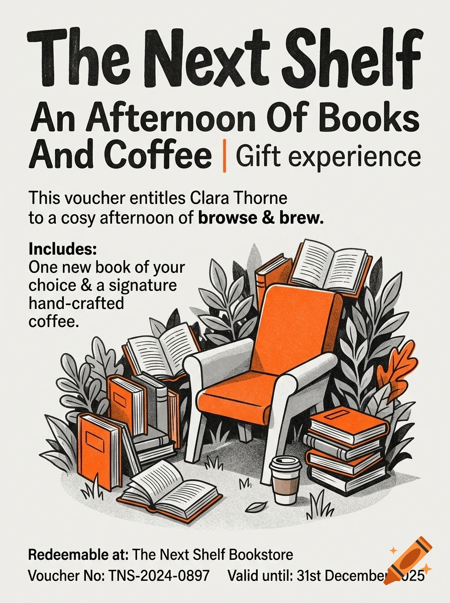 An illustration of a cozy armchair surrounded by stacks of books, open books, plants, and a coffee cup, accompanied by text.