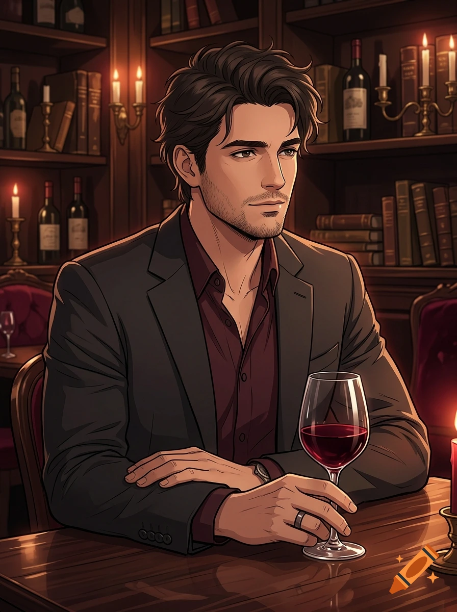 Digital anime illustration of a handsome man in his 30s in a vintage wine bar holding a glass of red wine.