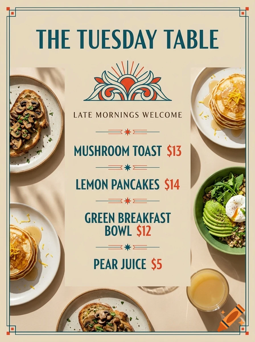 A menu poster for The Tuesday Table featuring dishes like mushroom toast, lemon pancakes, and a green breakfast bowl.