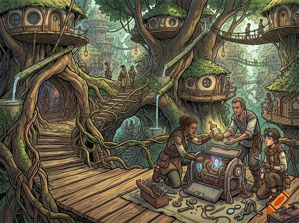 An illustrated fantasy forest village with treehouse dwellings, bridges, and people working on a mechanical device with crystals.