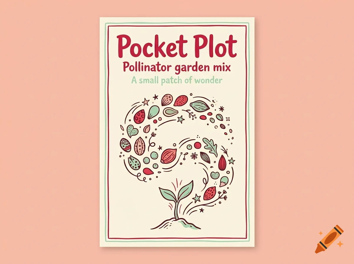 An illustrated poster with the text Pocket Plot, Pollinator garden mix, and A small patch of wonder, featuring a sprouting plant and scattered seeds.