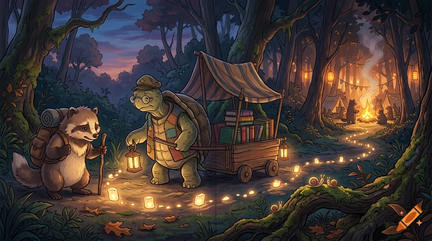 An anthropomorphic turtle and raccoon walking along a lit forest path at dusk, pulling a wooden cart with books and camping gear.