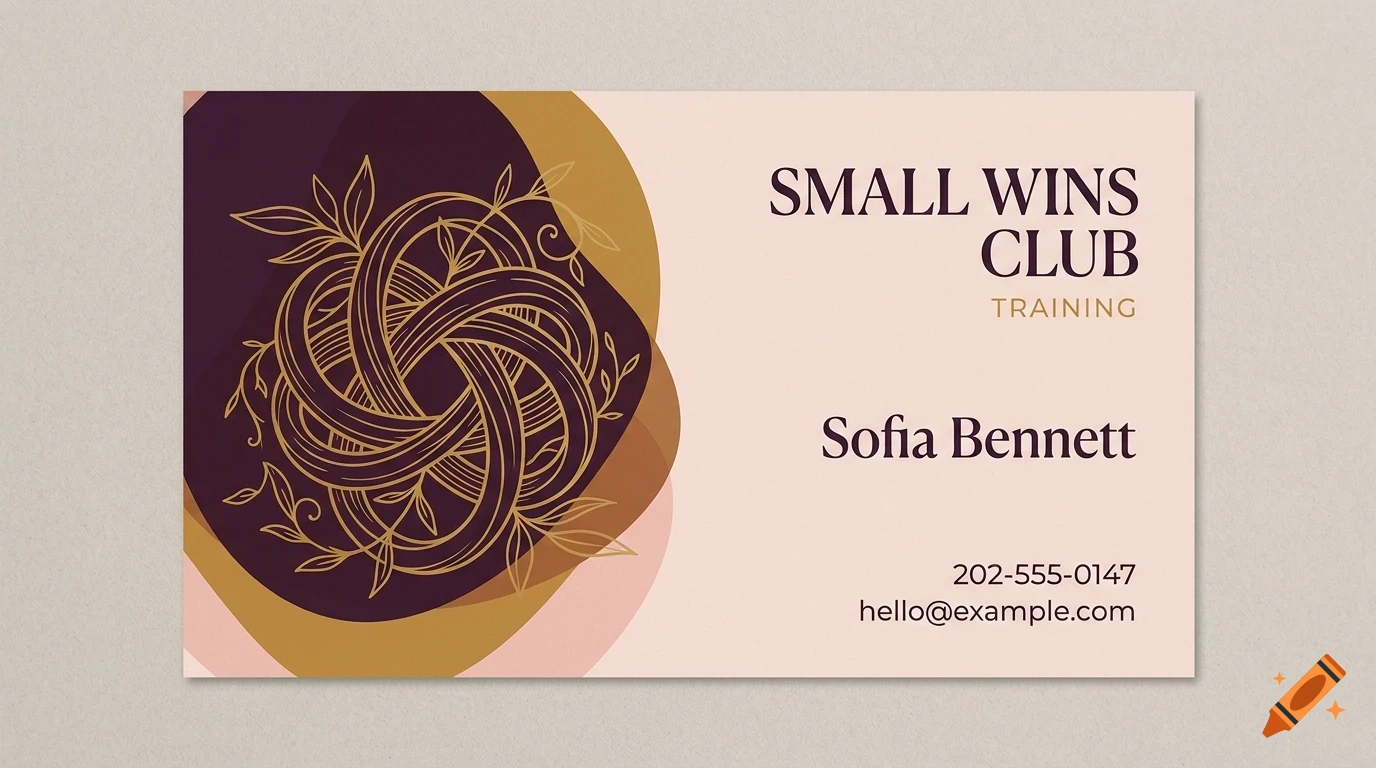 A minimalist business card design featuring an abstract organic line art emblem, earthy color shapes, and text for Small Wins Club and Sofia Bennett.
