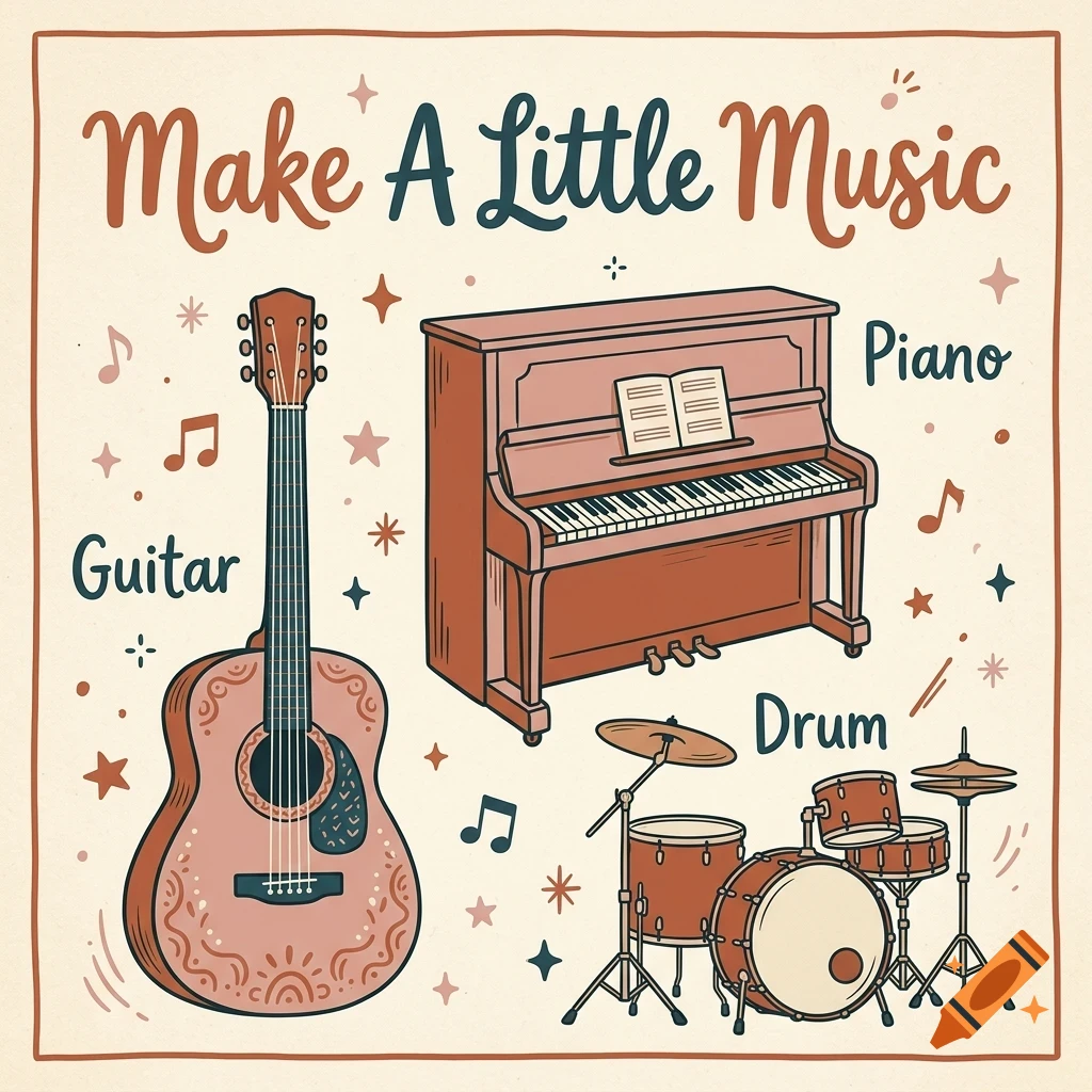 An illustration with the text 'Make A Little Music' featuring a guitar, piano, and drum set labeled in a retro style.