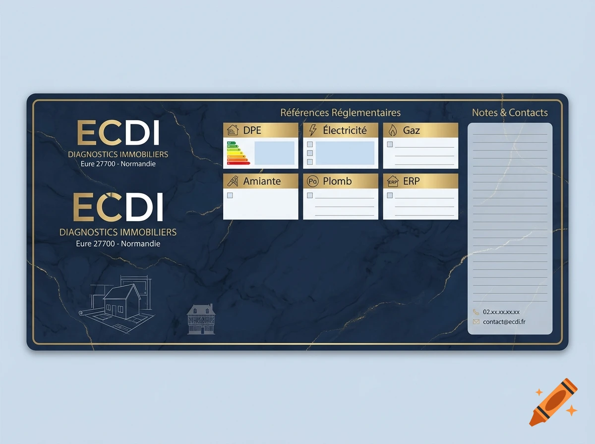 Blue and gold marbled desk mat with real estate diagnostic reference sections and notes space.