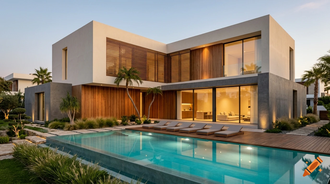 An ultra-modern luxury villa with a glowing turquoise infinity pool and palm trees at golden hour, architectural photography.