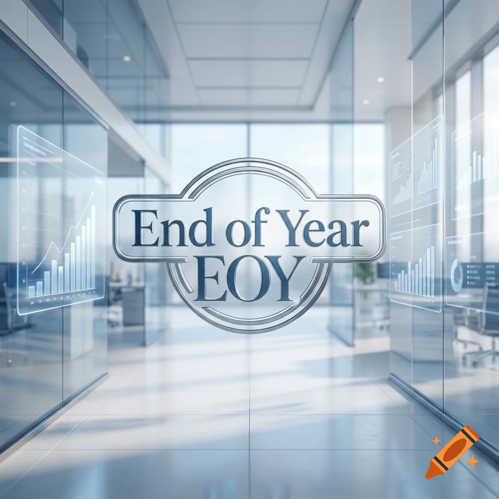 Professional corporate graphic with the text End of Year and EOY centered over a modern office background.