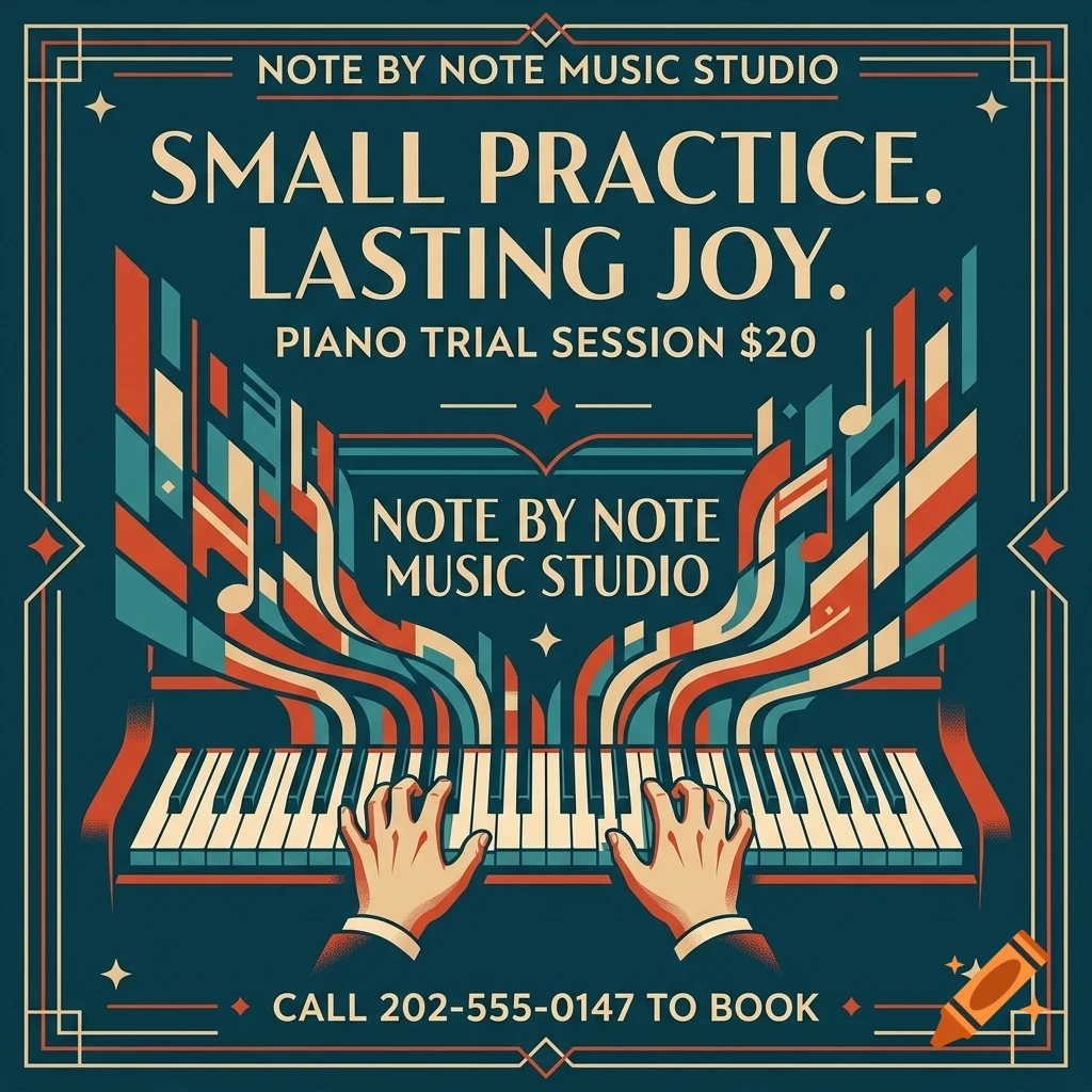 An illustrated poster advertising a piano trial session with hands playing piano keys and musical notes streaming upward.