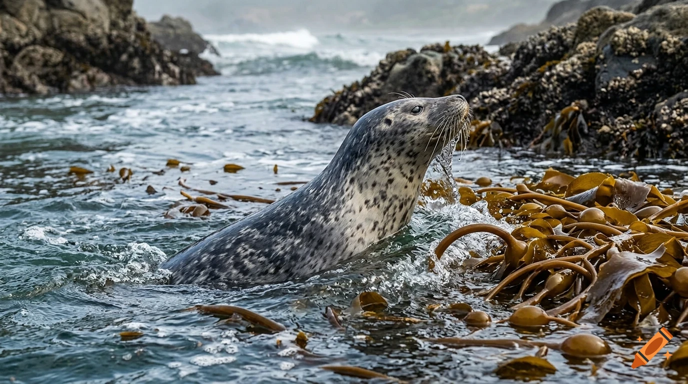 A seal swimming in the ocean surrounded by rocks and kelp.