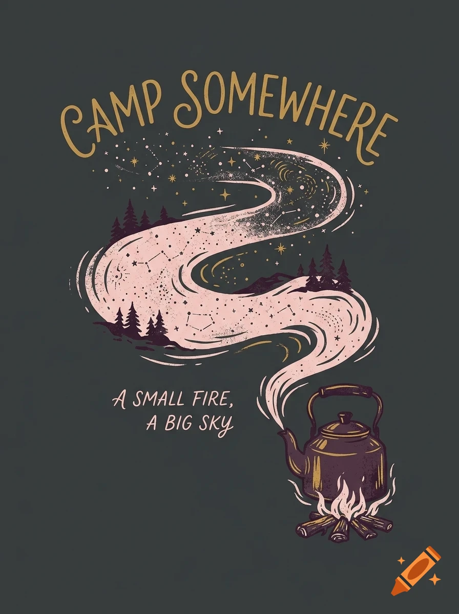 An illustration of a camping kettle over a campfire with steam forming a swirling starry night sky, featuring the text 'CAMP SOMEWHERE' and 'A SMALL FIRE, A BIG SKY'.