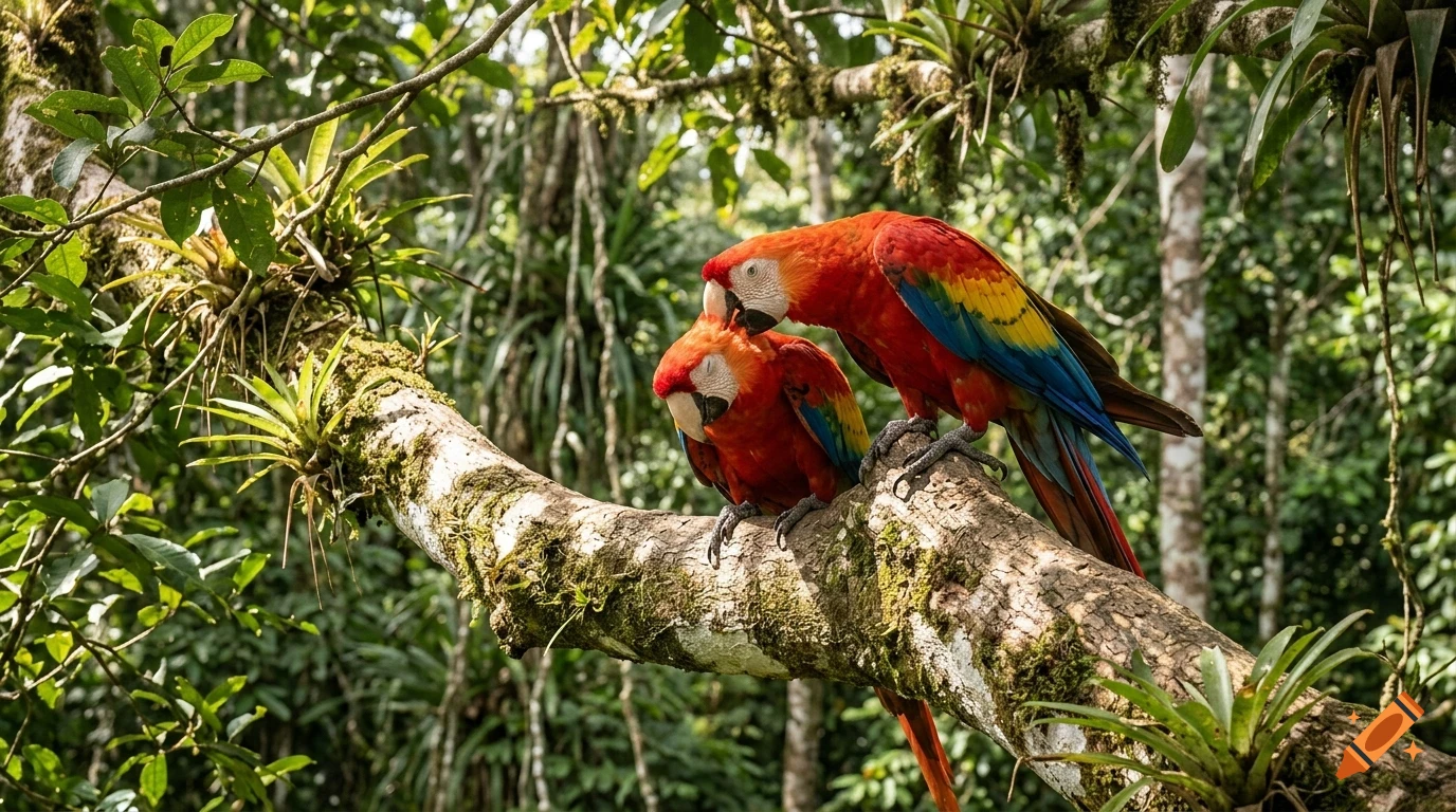 Two red, yellow, and blue macaws perched on a mossy branch in a lush rainforest.