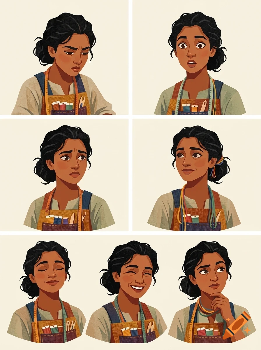 An illustration showing a character sheet of a woman with dark hair and an apron, displaying six different facial expressions.