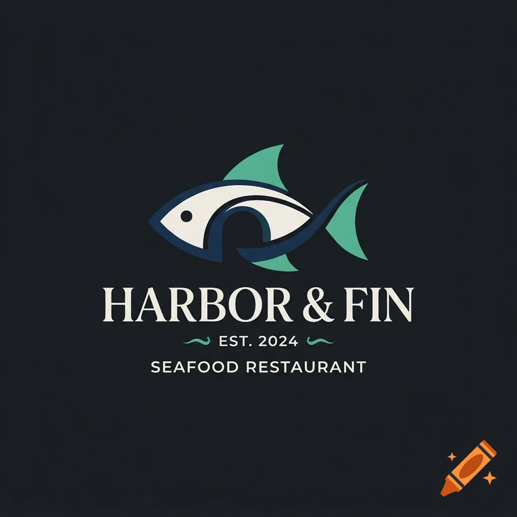 A stylized logo featuring a fish icon above the text 'HARBOR & FIN EST. 2024 SEAFOOD RESTAURANT' on a dark background.