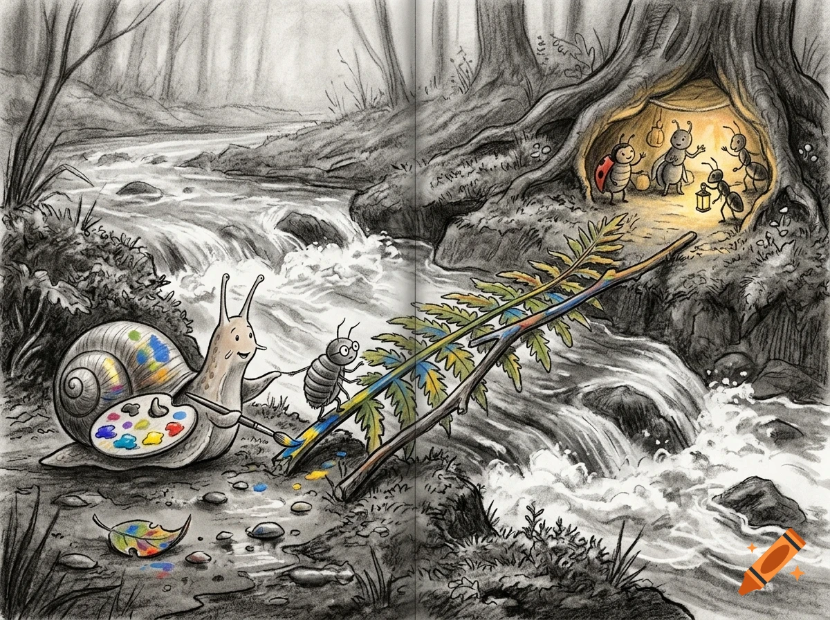 An ink and pencil illustration depicting a snail holding a paintbrush and palette near a stream, painting a leaf bridge, while small insects gather in a tree hollow nearby.