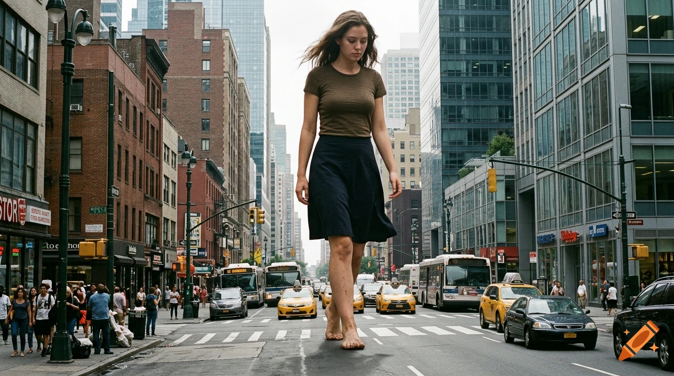 Photorealistic image of a giant barefoot woman walking down a busy New York City street among cars and pedestrians.