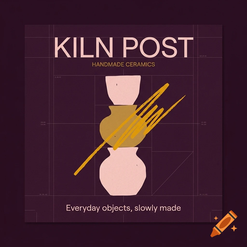 Graphic design poster featuring stacked ceramic vessels over a dark purple background with grid lines and overlaid yellow brushstrokes.
