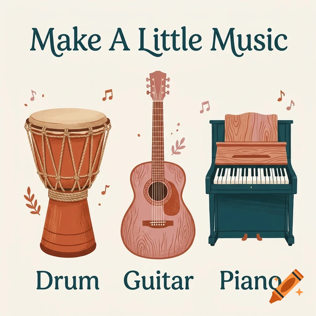 An illustrated poster featuring a drum, guitar, and piano with the text 'Make A Little Music' and instrument labels.
