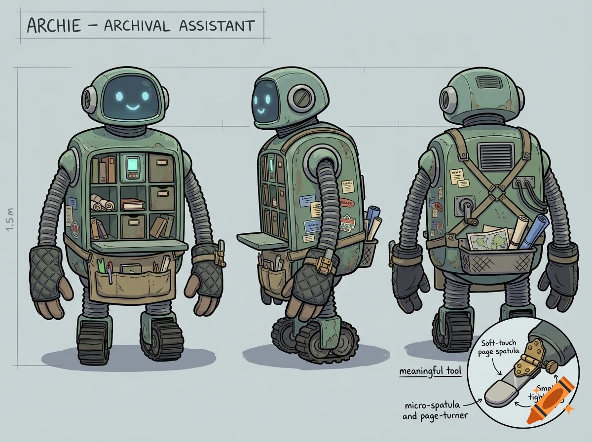 Character design sheet showing multiple angles of a green robot named Archie with shelves in its torso and a digital face.
