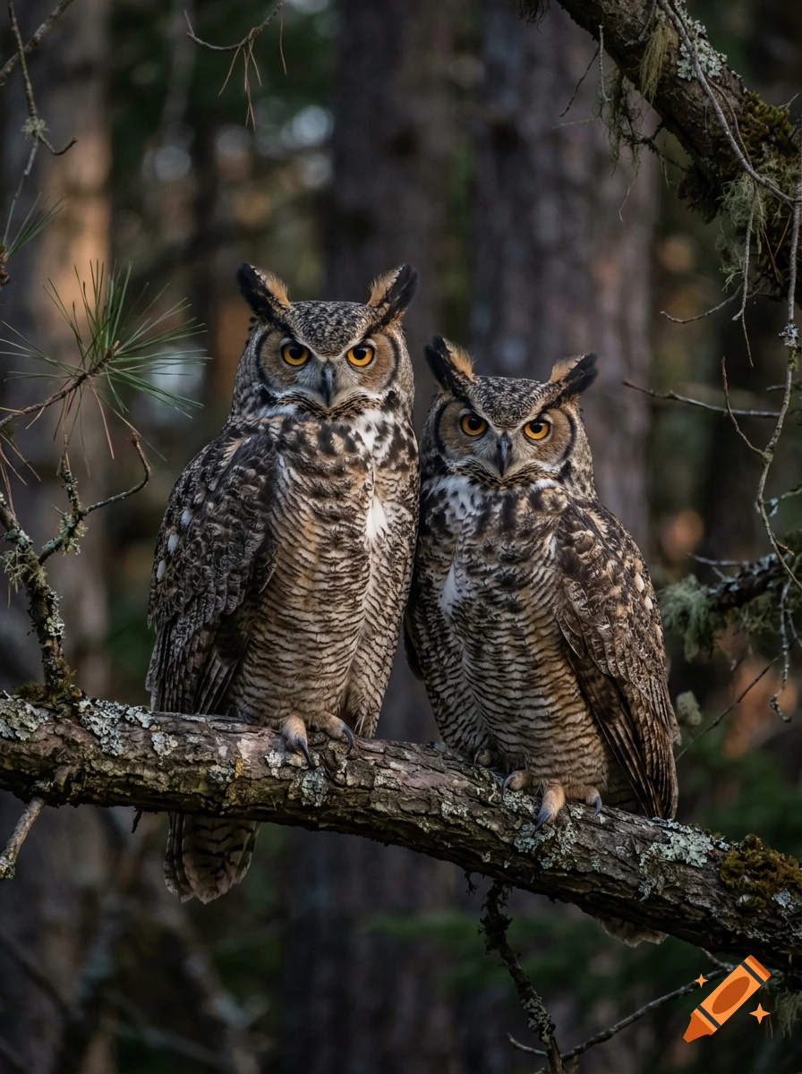 Photorealistic image of two great horned owls perched on a mossy branch in a forest.