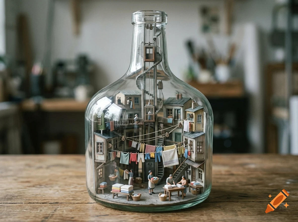 A detailed miniature village with tiny houses and people doing laundry is built entirely inside a large glass bottle.