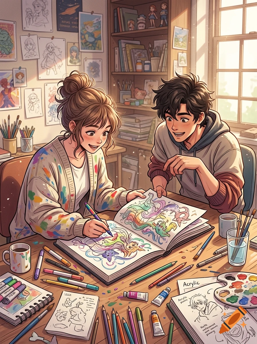 An anime-style illustration of a young man and woman drawing together in a cluttered art studio, surrounded by sketchbooks and art supplies.
