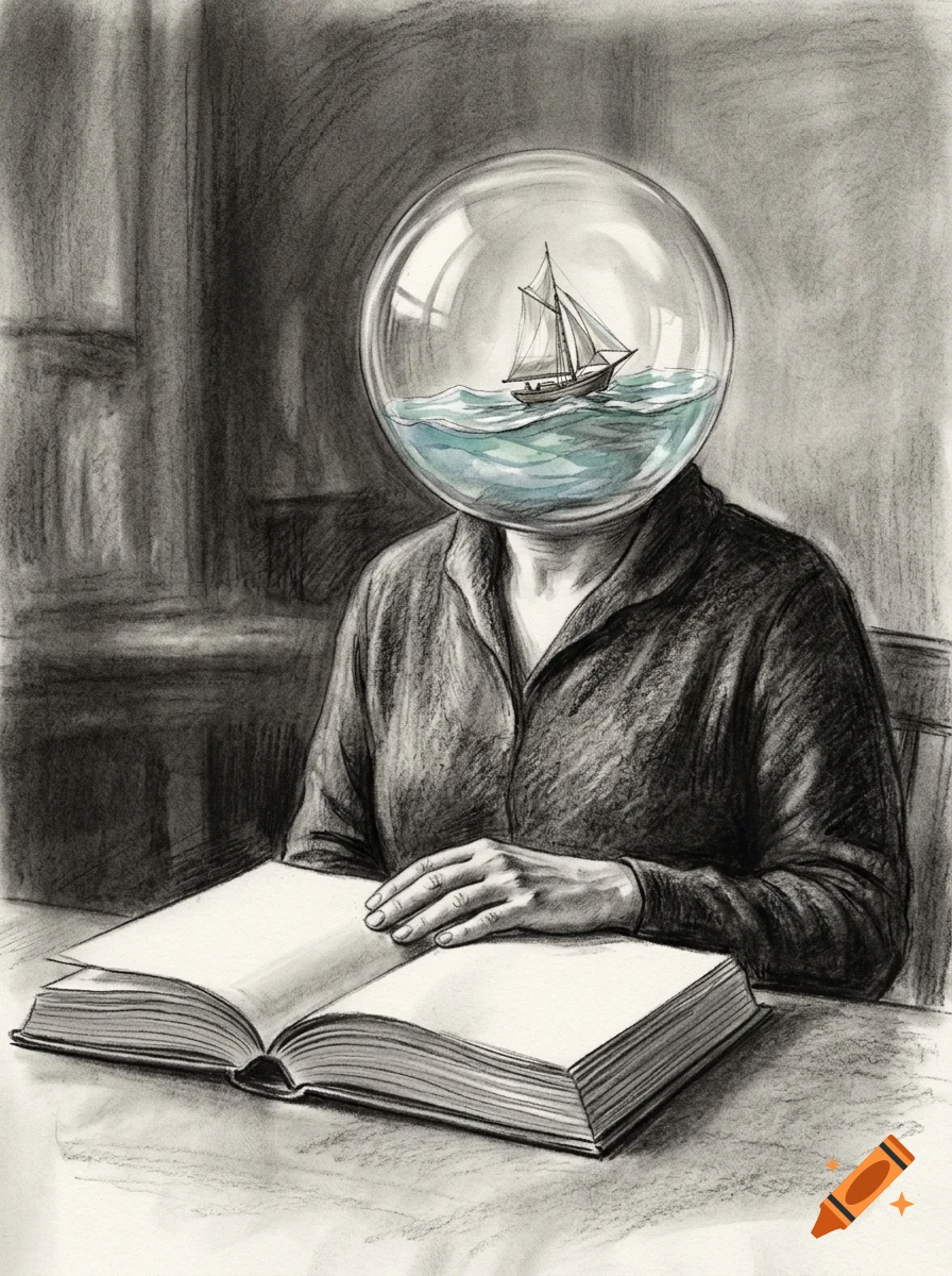 A surreal drawing of a person sitting at a desk reading an open book, with a glass bowl containing a sailing ship on stormy water in place of their head.