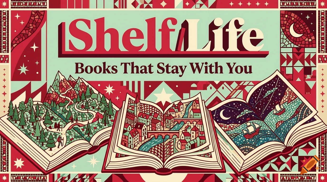 An illustrated book cover featuring decorative borders, open books depicting various scenes, and the text "Shelf Life Books That Stay With You".