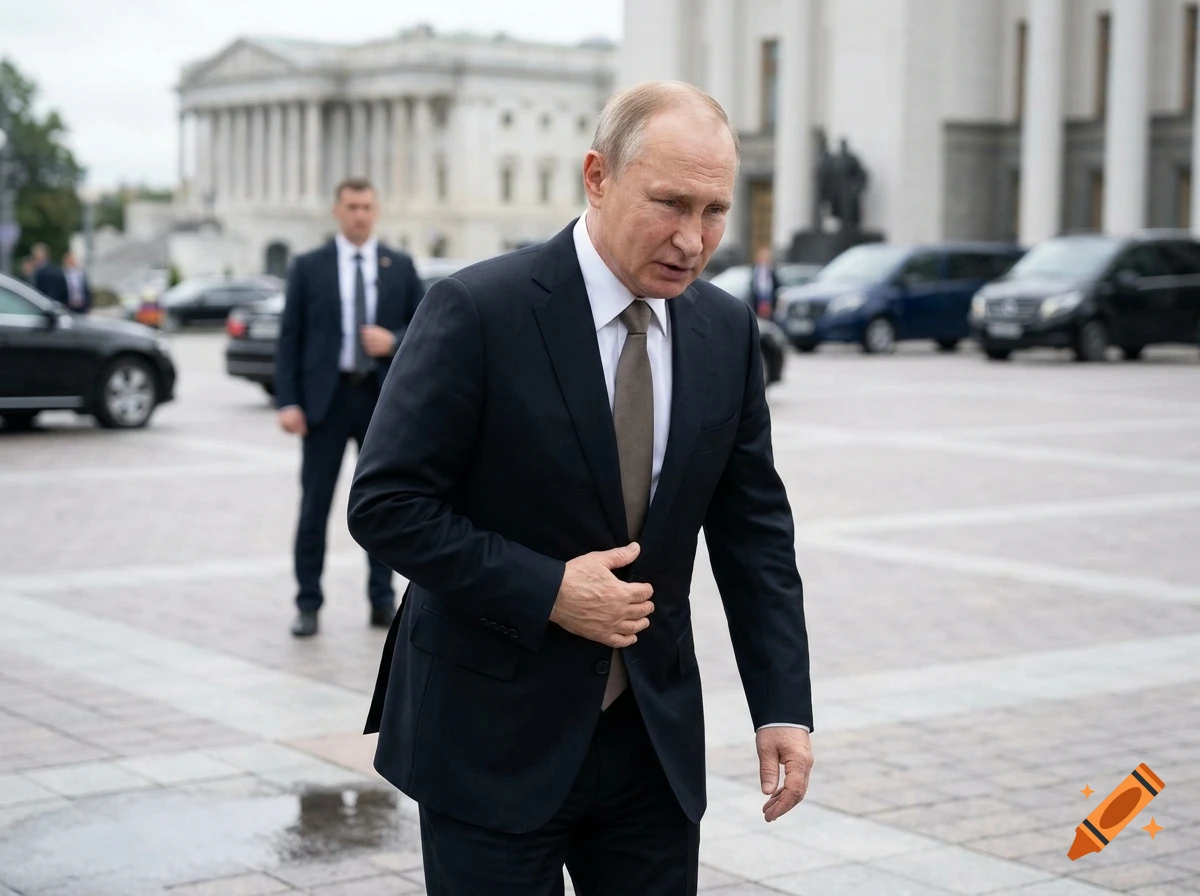 Photorealistic image of Vladimir Putin in a dark suit and tie standing outdoors with a bodyguard and cars in the background.