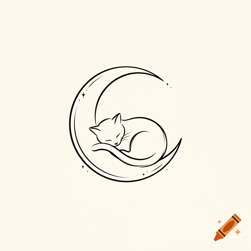 A minimal line drawing of a cat curled up sleeping inside a crescent moon, surrounded by small star accents.