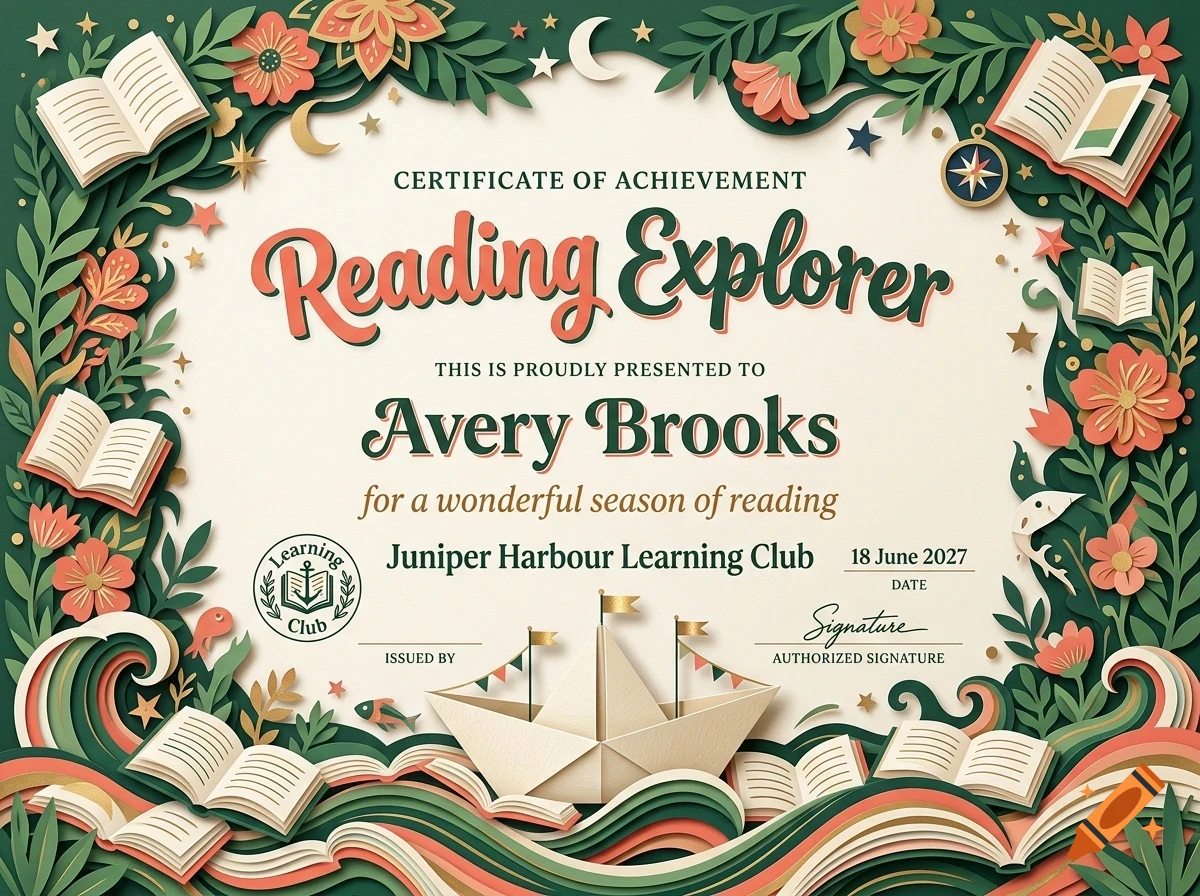 Certificate of achievement for Reading Explorer featuring papercraft-style illustrations of books, flowers, and a paper boat.