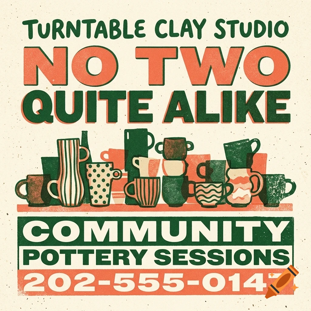 An illustration advertising Turntable Clay Studio with pottery and mugs on display.