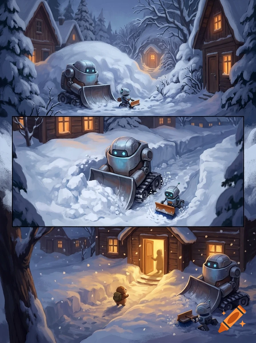 A comic strip with three panels showing two robots clearing snow in a snowy village at night.