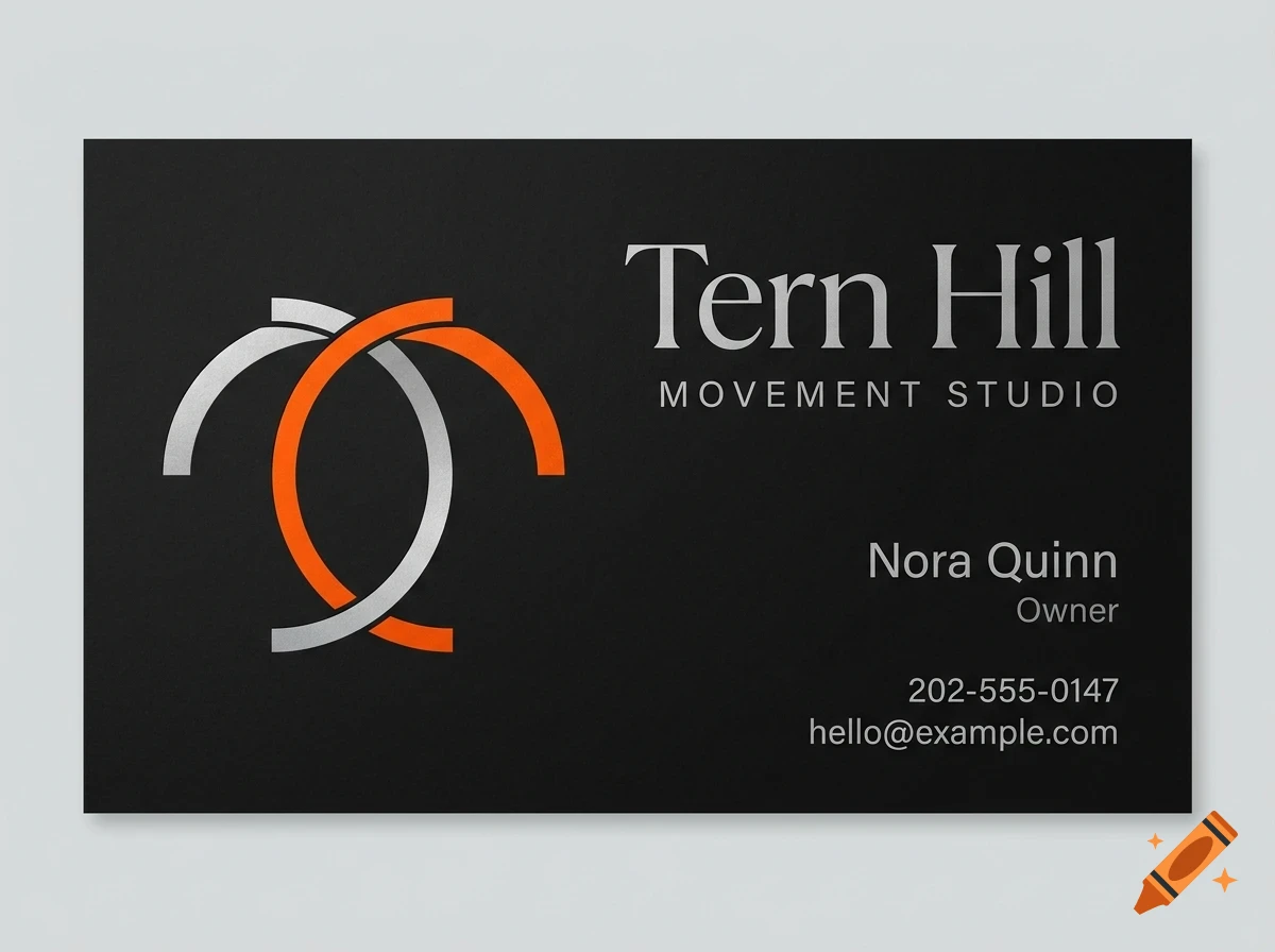 A business card featuring the text Tern Hill Movement Studio, Nora Quinn Owner, a phone number, email, and an abstract logo on a dark background.