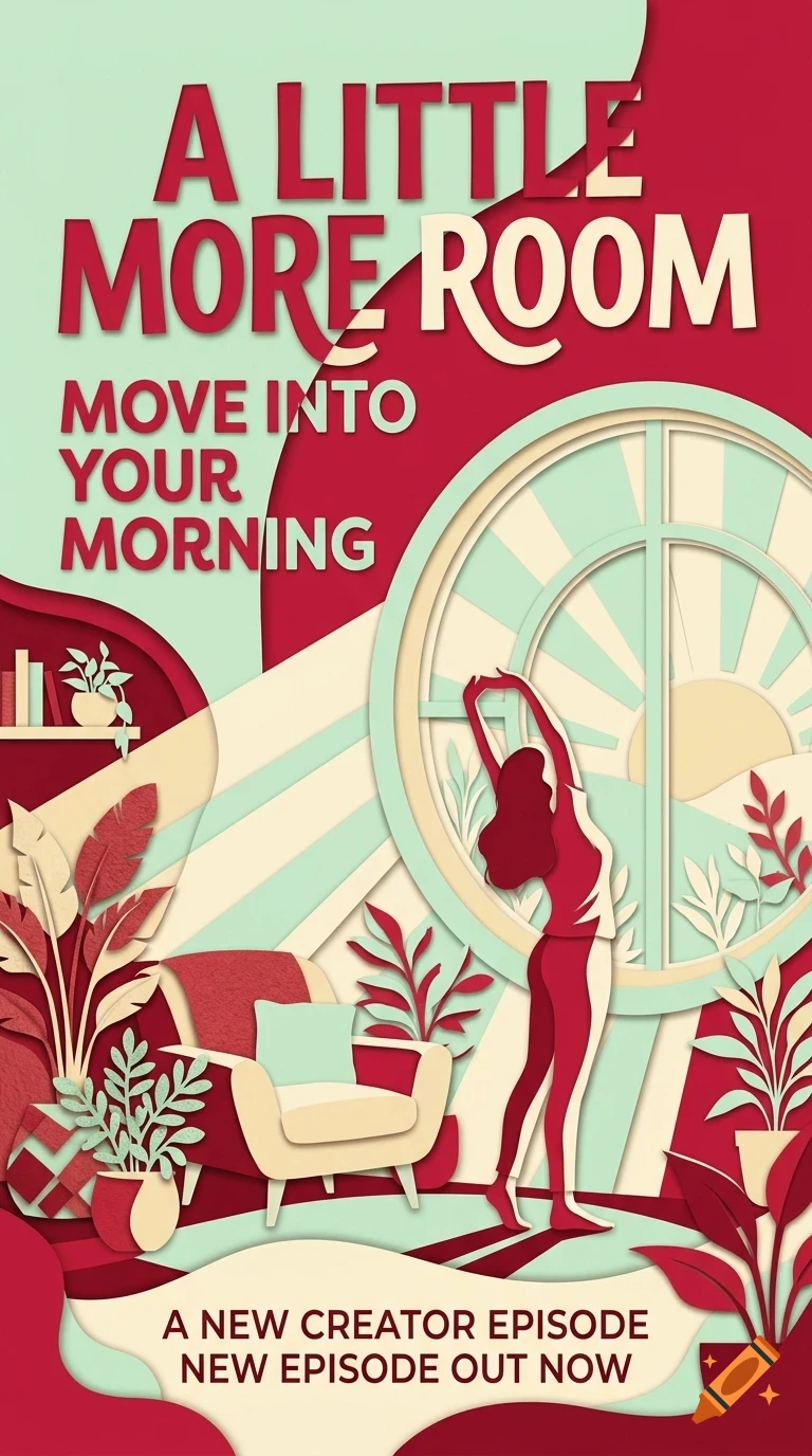 An illustrated poster featuring a person stretching in front of a round window, surrounded by plants and an armchair, with the text 'A LITTLE MORE ROOM MOVE INTO YOUR MORNING'.