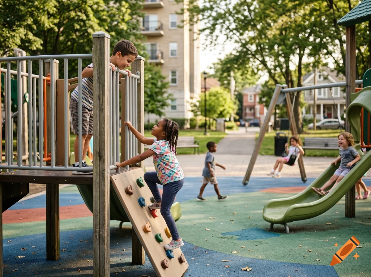 Photorealistic image of children playing on a playground equipment in a park.