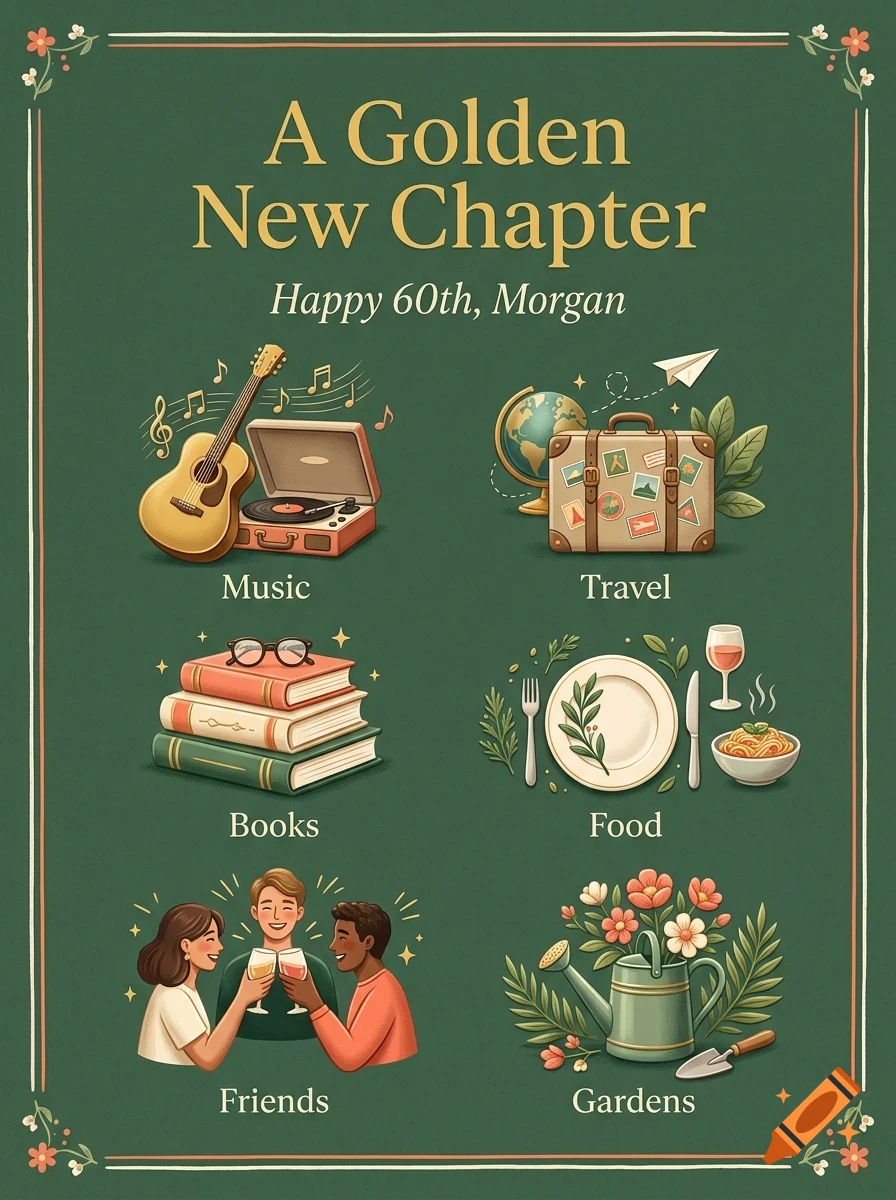 An illustration with a green background, gold lettering reading 'A Golden New Chapter Happy 60th, Morgan', and six icons representing music, travel, books, food, friends, and gardens.