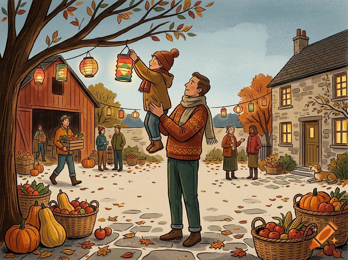 An adult holds up a child to hang a paper lantern from an autumn tree branch outside a stone house and barn, with baskets of produce on the ground.