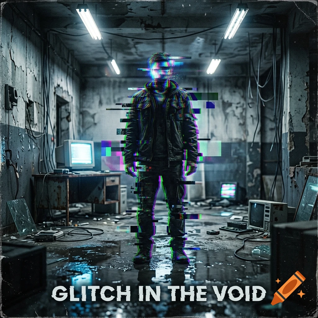 A man standing in a ruined, concrete room with glowing digital glitch effects and old computer monitors, with text reading GLITCH IN THE VOID.