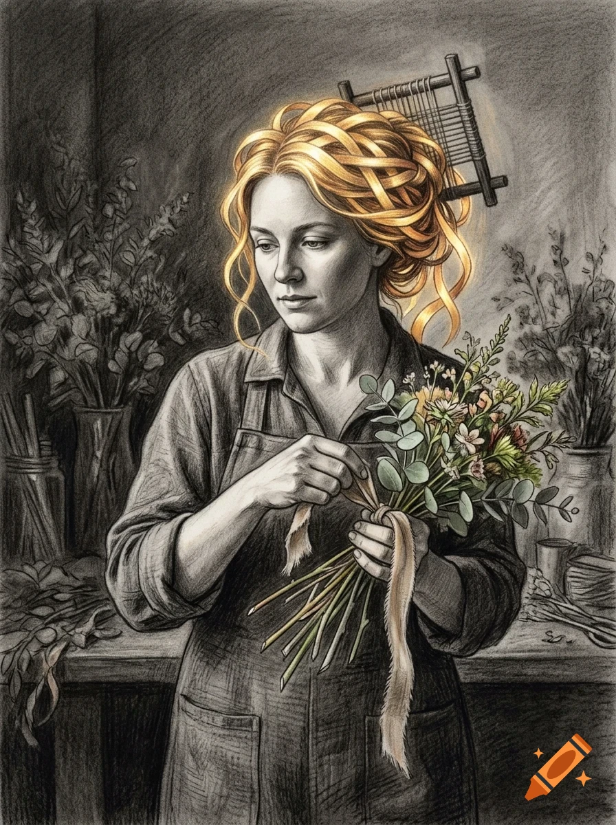 A pencil-sketch style illustration of a woman in an apron arranging a bouquet of flowers, with glowing golden hair.
