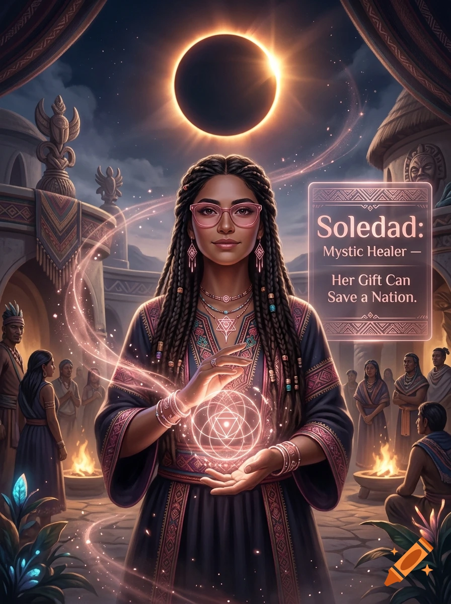 Digital illustration of a young Latina mystic healer with braided hair and rose-colored glasses holding glowing light during an eclipse.