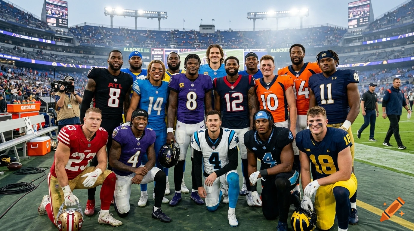 Group photo of professional football players posing on a stadium field after a game.