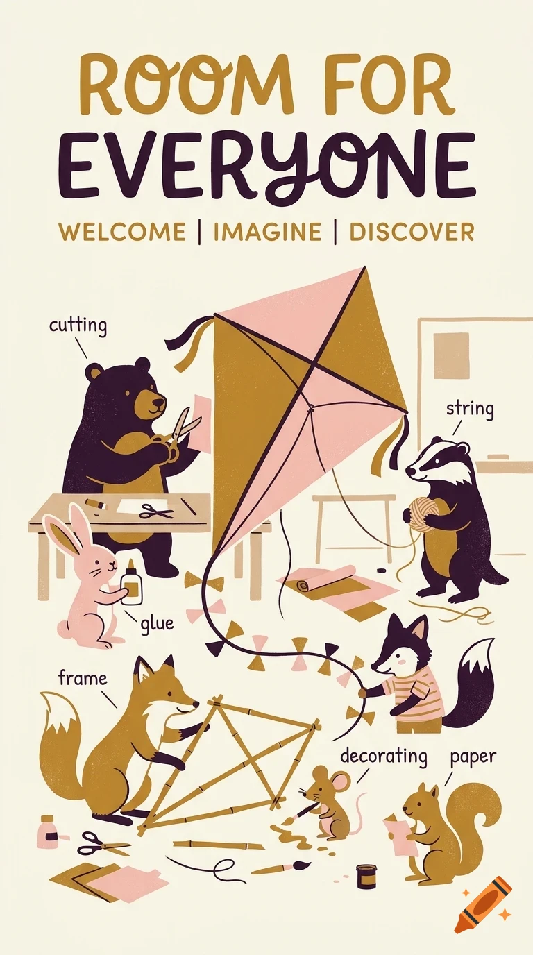 An educational illustration featuring various animals crafting a large kite, with text reading 'ROOM FOR EVERYONE' and labeled crafting terms.