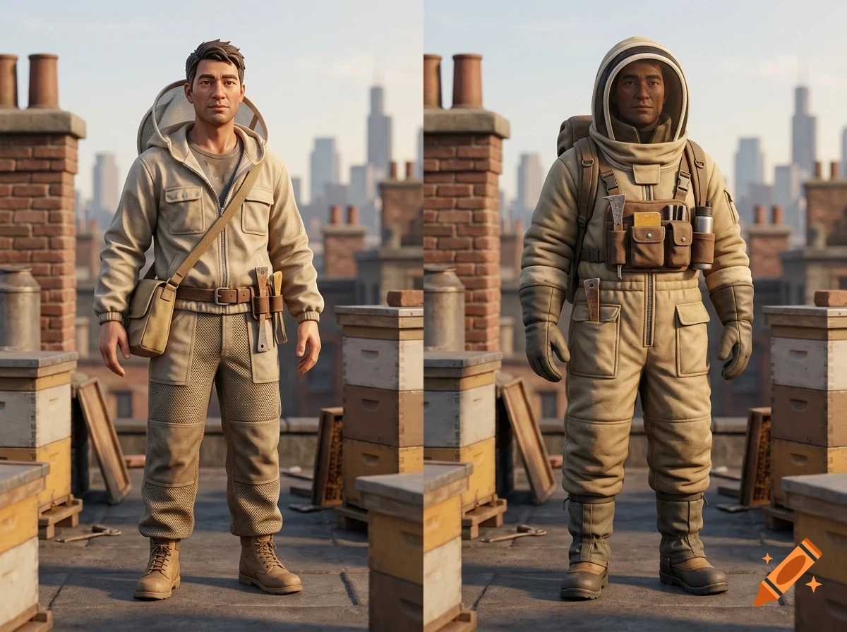Two views of a beekeeper standing on a city rooftop with beehives, wearing beekeeping suits.