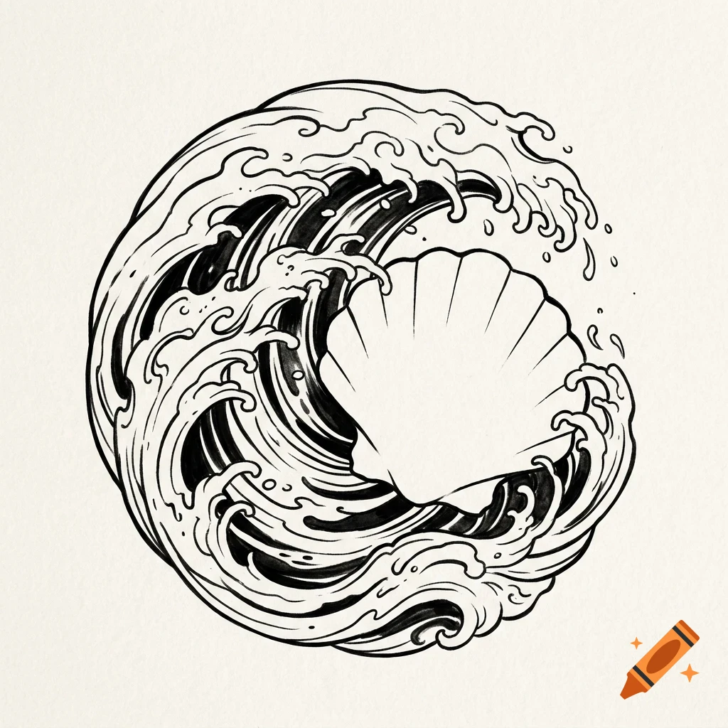 Black and white ink drawing of a seashell set against a swirling ocean wave in a circular composition.